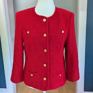 Brooks Brothers Wool Jacket Size 6 Red Boucle Blazer 3/4 Sleeve
